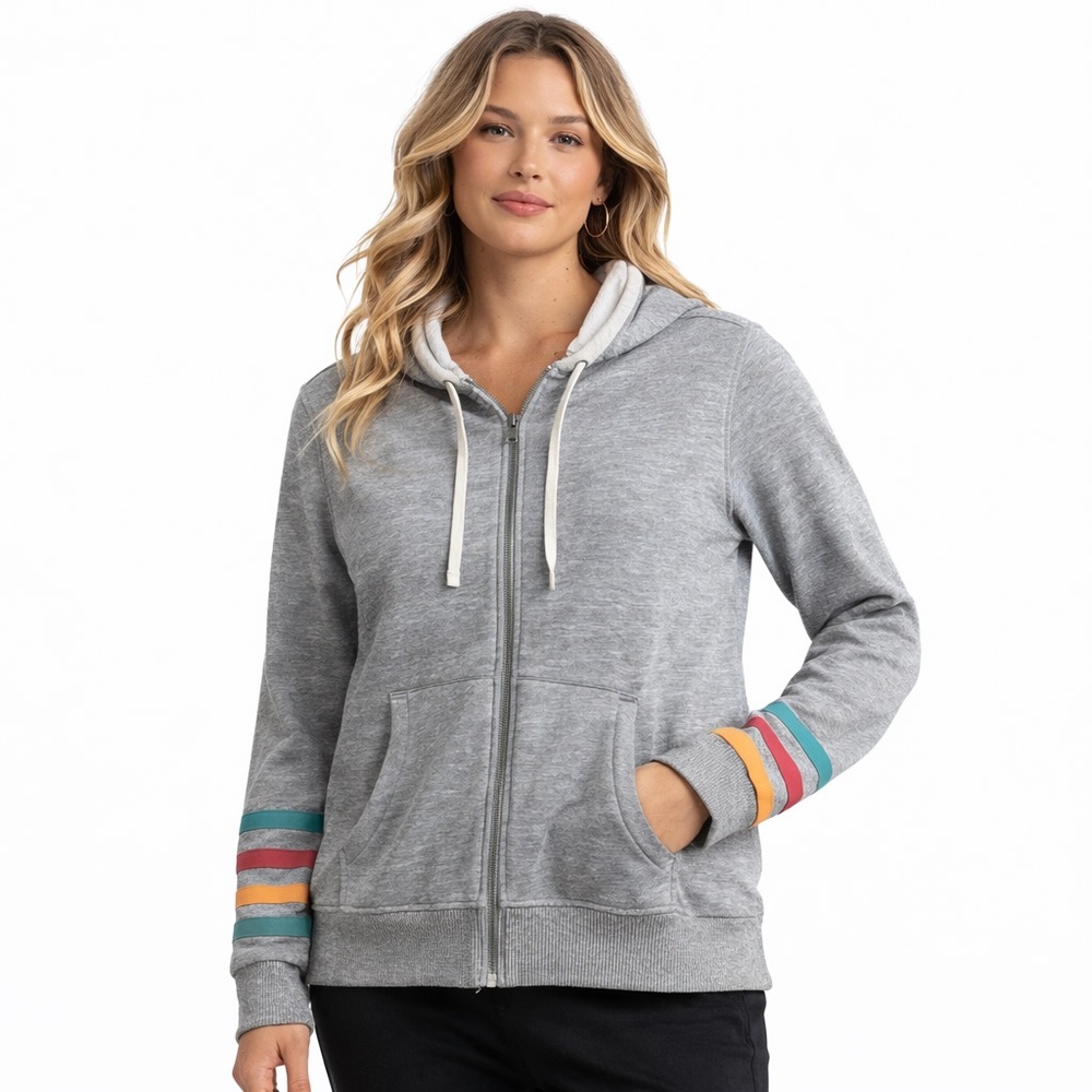 Splendid x Gray Malin Womens Hoodie Sweatshirt Size L Gray Zip‎ Up Stripe Sleeve